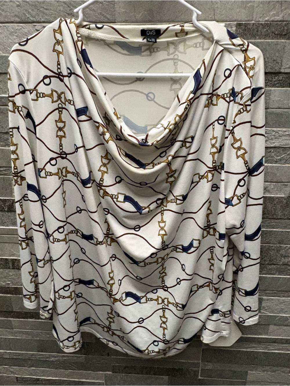 Cowl Neck Chain-Print top - Cream with Navy & Gold Accents